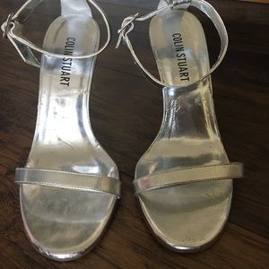 metallic silver 4 inch ankle strap stiletto